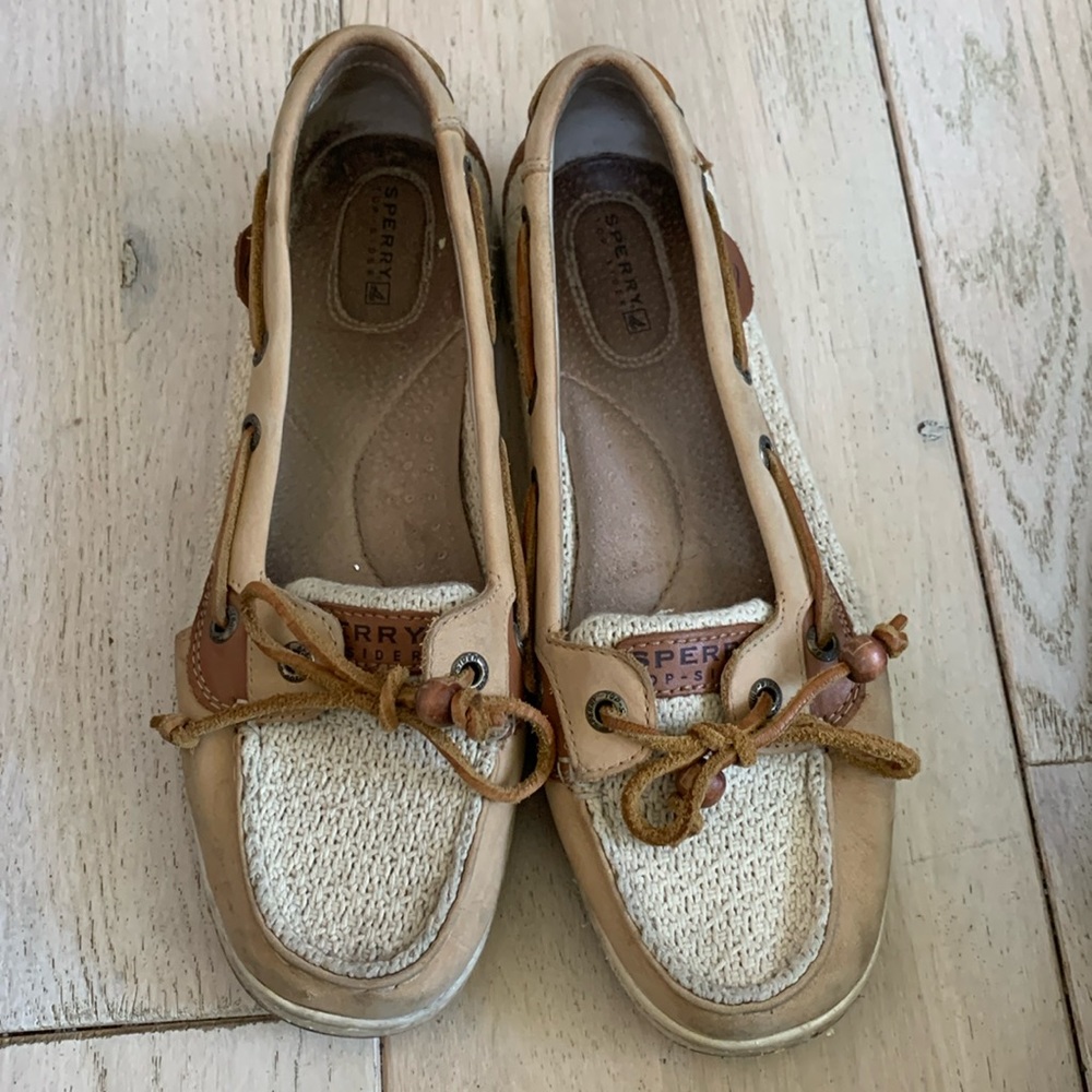 Sperry Boat Shoe Womens 8.5M Taupe Leather Beige Fabric Slip On Flat Loafer